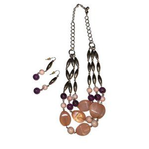 Vintage Earrings Necklace Set 3 Strand Eggplant Pink Coral Stone Chunky Jewelry